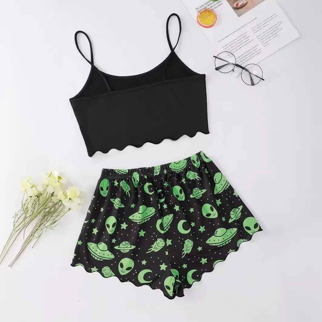 Sexy Alien Print Sling Sleepwear Womens Pajamas Set VNeck Pyjamas Female Homewear Sleeveless Cute Top And ShortsT251014