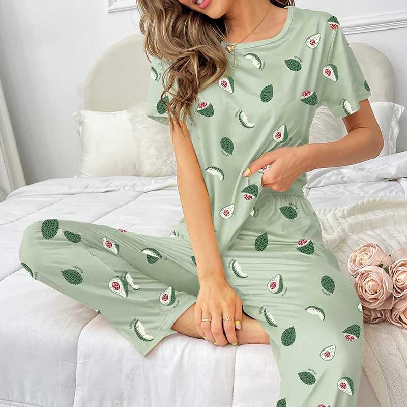 Avocado Print Womens Satin Pajama Set ShortSleeve Tee And Long Pants Fresh Style Cute Sleepwear Loungewear Autumn Comfy PjsT251014