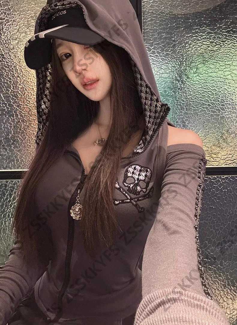Go Hoodie Skull Print Y2k 90s Vintage Harajuku Slim O Shoulder Hot Sweet Coat Sweatshirt Basics Femme Grunge Emo Winte c W251014