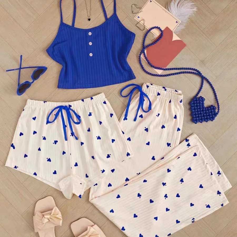 3 Pieces Pajamas Set Women Sleepwear Casual HeartShaped Printed Vest and Shorts and Pants Sets Homewear PijamasT251014