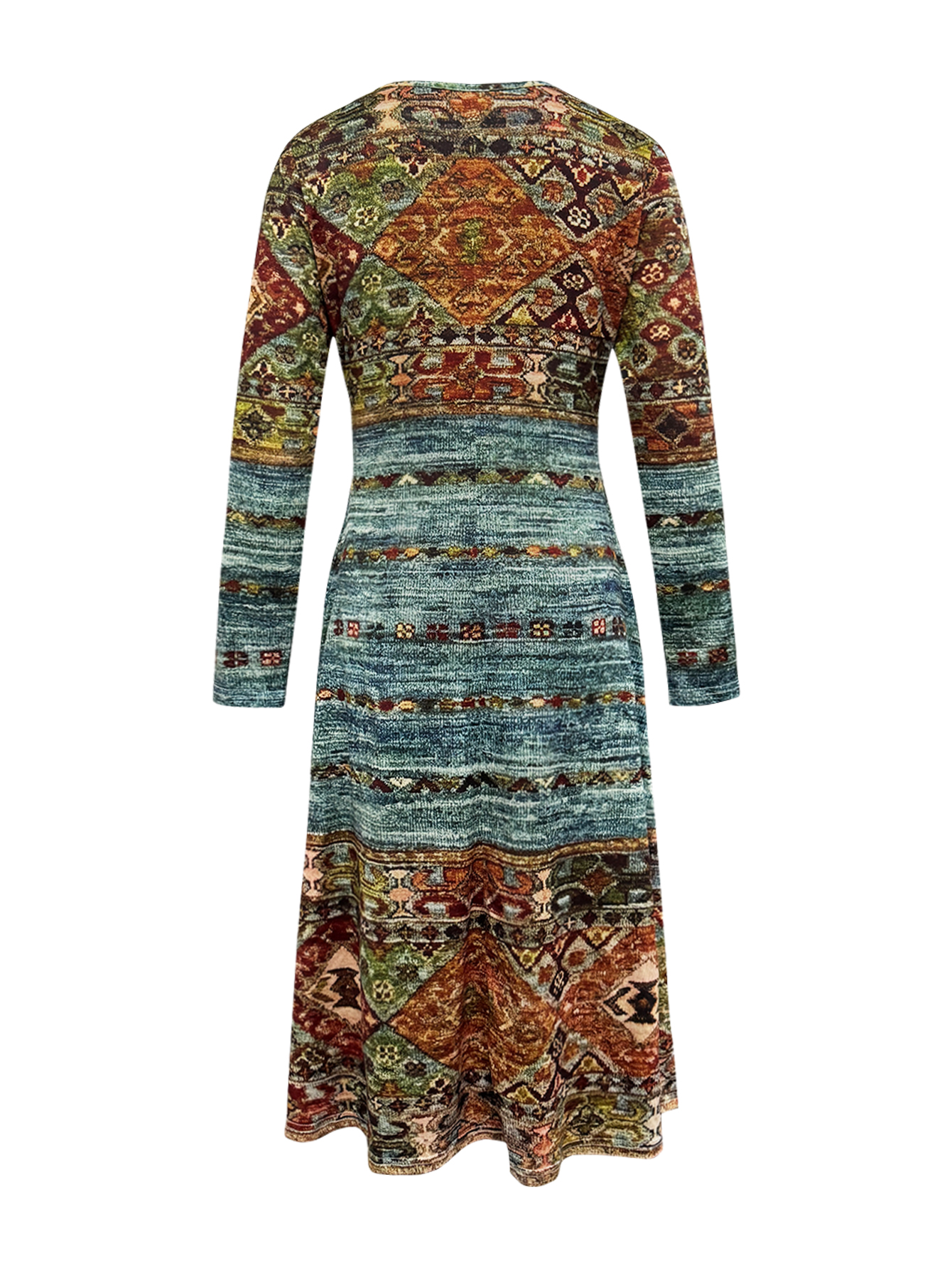 Women's Autumn Winter Ethnic Retro All-Over Printed Long-Sleeve Crew Neck Elegant Midi Dress-CF56358