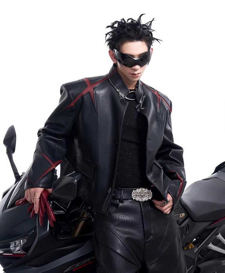 Mauroicardi Spring Autumn Cool Short Patchwork Pu Leather Jacket Men Single Breasted Luxury Designer European Style Clothes 2025 J251014