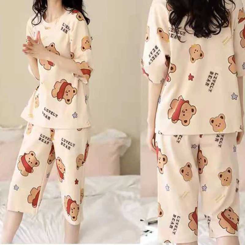 Women Summer Spring Two Pieces Sets Pajamas Short Sleeve ONeck Top Shorts Pants Homewear Loose Cartoon Bear Printing Thin SoftT251014