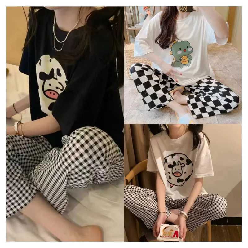Summer Gilrs Two Pieces Sets Pajamas Short Sleeve Trousers Oneck Homewear Thin Elastic Loose Soft Plaid Cartoon Printing CuteT251014