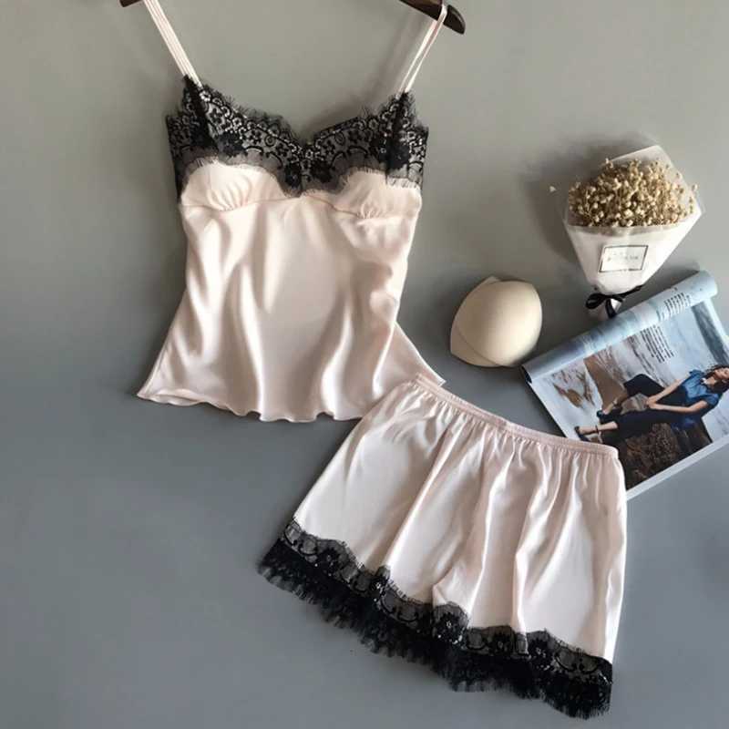 Women Pajama Suit Fashion VNeck Stretch Satin Babydoll Lace Sexy Lingerie Bowknot Pyjamas Sleep Shorts Set Sleepwear NewT251014