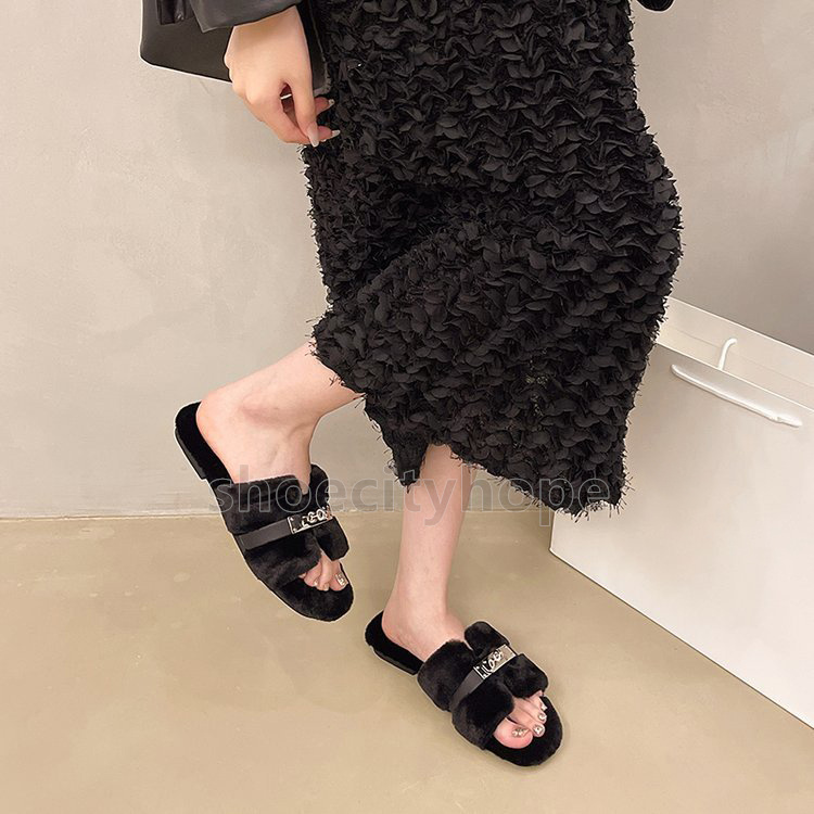 Autumn Winter slides womens slippers Slip-on sandals Comfort Warm Plush Inner liner ladies Silver Buckles Chic Home shoes Size 35-40
