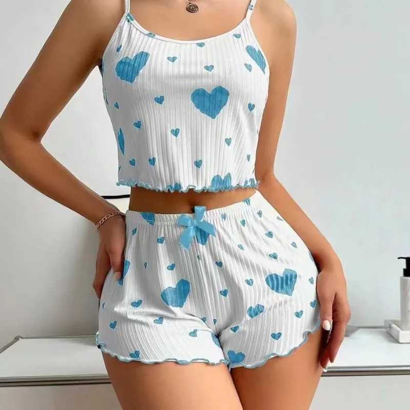 Hot Selling Womens Pajamas Set Sleepwear Short Tank Tops And Shorts White Ventilate Soft Casual Red Love Printing SleepwearT251014