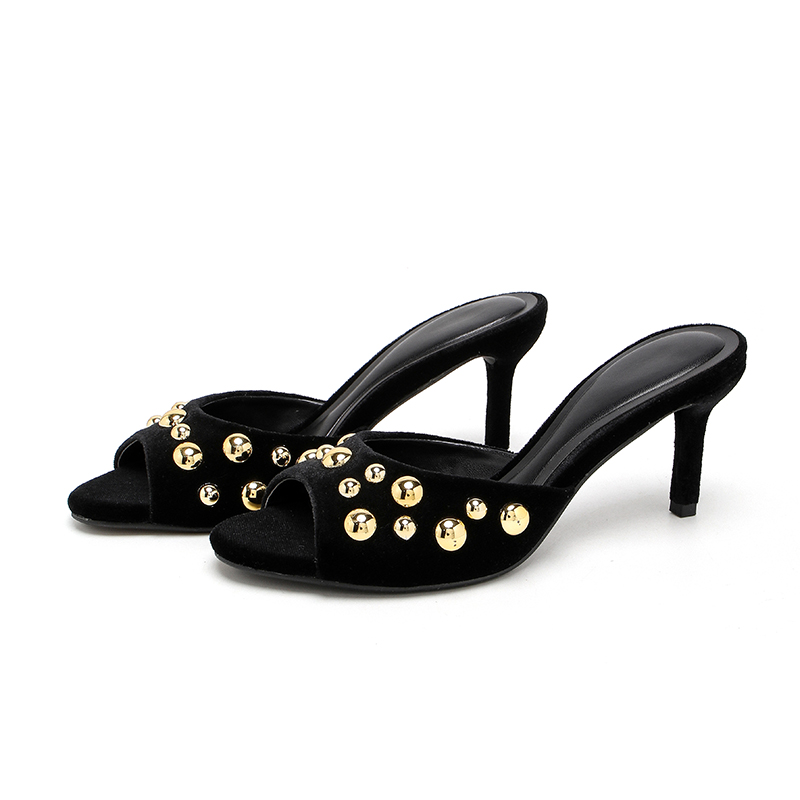 Women's Fashion Black Velvet Studded Stiletto Heel Mules - Elegant Round Toe Slip-On High Heels-6117