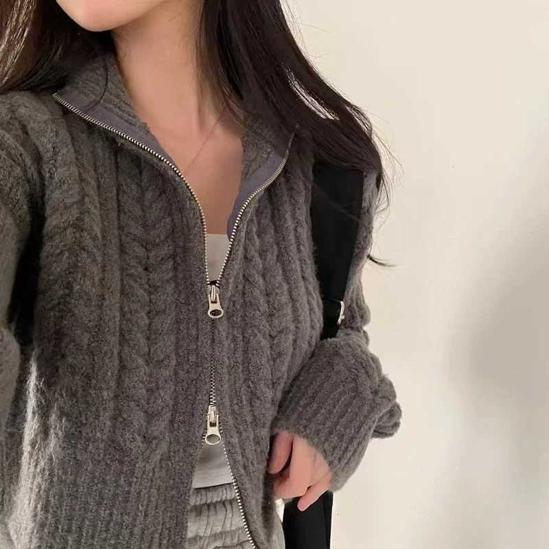New Fahsion Fall Zipper Long Sve Knitted Top Korean Style Cardigan Women Sweaters Winter Ele Short Coat Casual Knitwear W251014