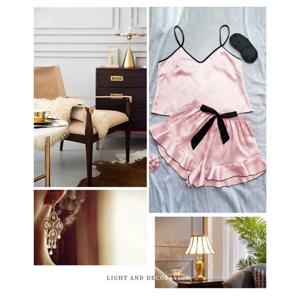 Womens Smooth Satin Pajamas VNeck TShirt Ruffled Edges And Bow Shorts Simple And Breathable Pajama Set Sling Home ClothingT251014