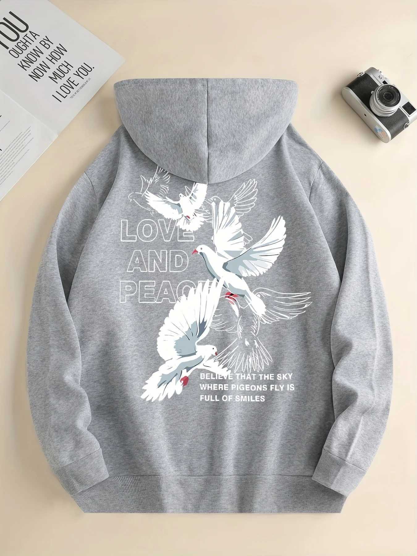 Peace Letter Pigeon Fashion Harajuku Printed Hoodie Casual Sporty Pullover Comfortable Autumn and Winter Warm Mens Sweater J251203
