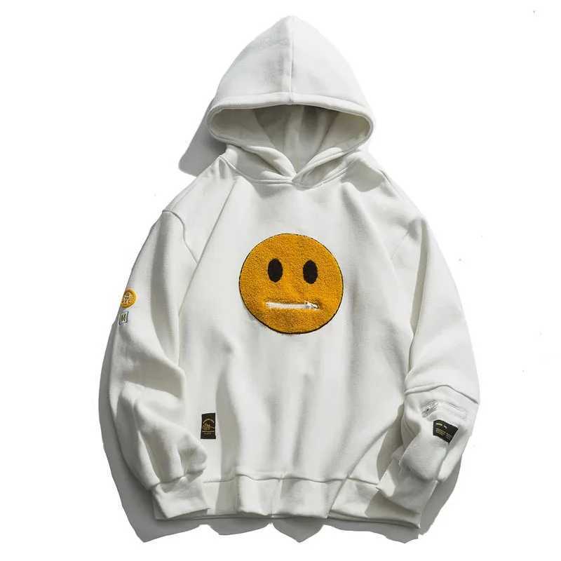 Spring Zipper Pocket Smile Face Patchwork Fleece Hoodies Sweatshirts Streetwear Mens Hip Hop Casual Pullover Hooded Male Tops J251203