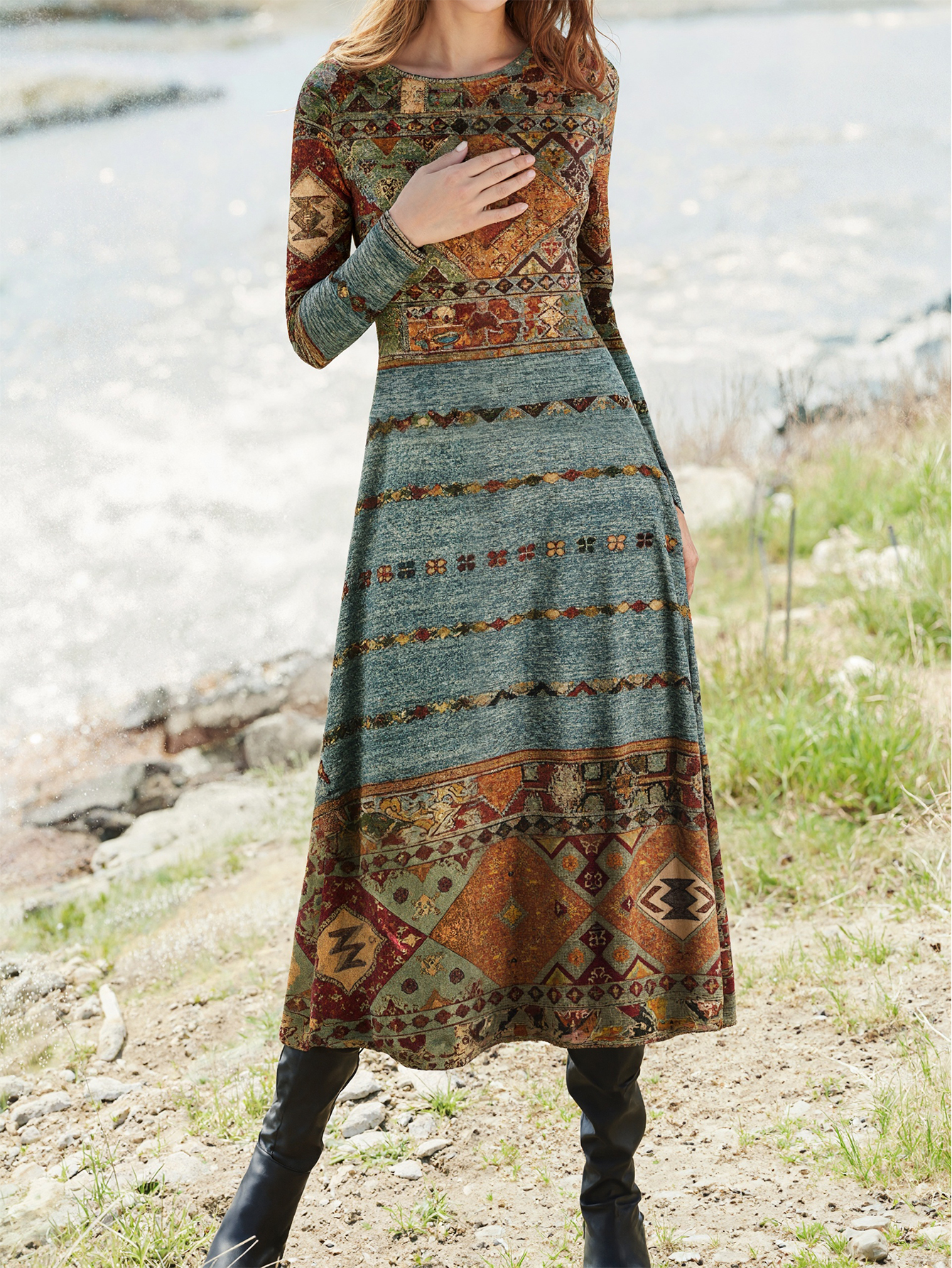 Women's Autumn Winter Ethnic Retro All-Over Printed Long-Sleeve Crew Neck Elegant Midi Dress-CF56358