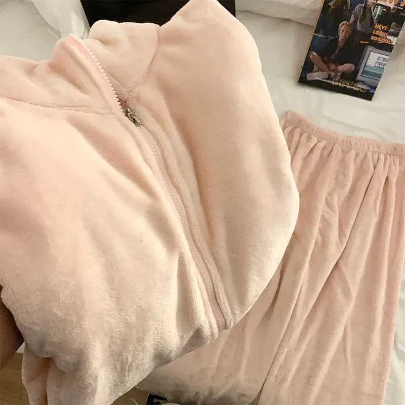 Fleece Sleepwear Women Zipper Pajama Sets Winter Piiama Warm Pants Sets 2 Pieces Solid Night Wears Long Sleeve Korean Home Suit Y251013
