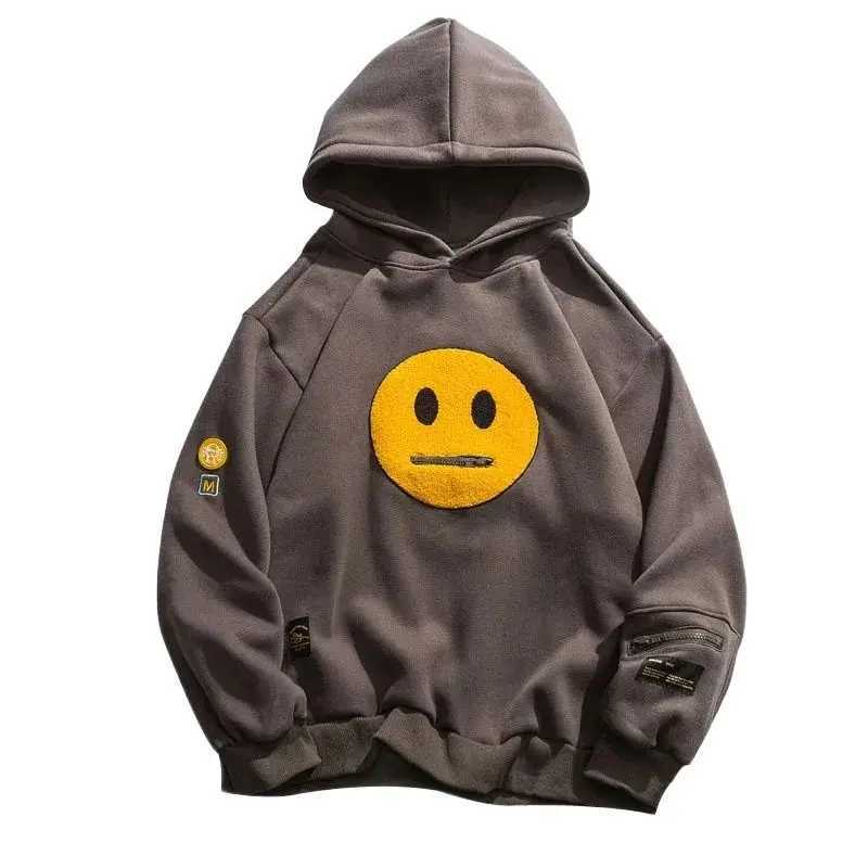 Spring Zipper Pocket Smile Face Patchwork Fleece Hoodies Sweatshirts Streetwear Mens Hip Hop Casual Pullover Hooded Male Tops J251203