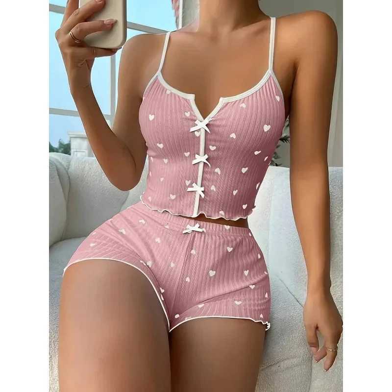 Sleepwear Women Pajamas Set Heart Print Soft Ribbed Fabric with Flirty Frill Trim Casual Cami Top and Shorts Sets LoungewearT251014