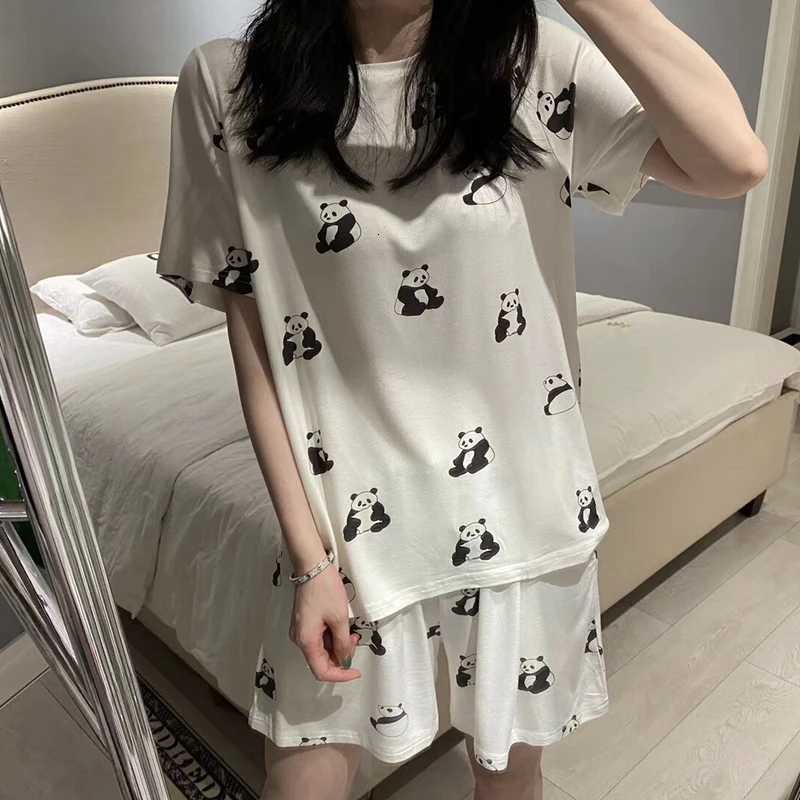 2025 Summer Womens Pajamas Set Panda Print Short Sleeve TShirtShorts 2 Pieces Suit Sleepwear Soft Casual Homewear Cute PijimaT251014
