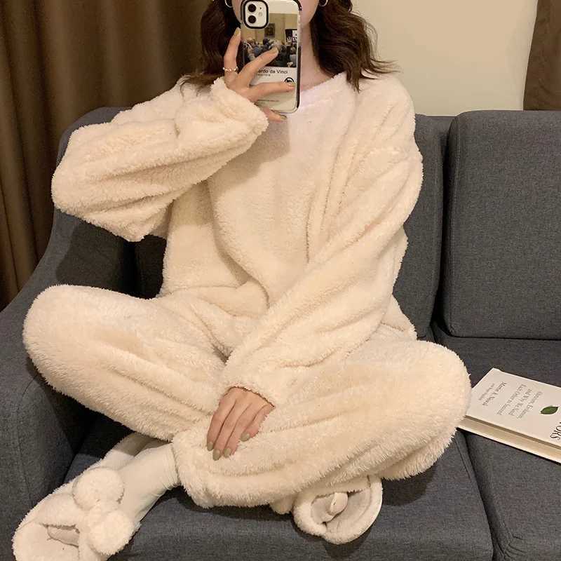 Winter Fleece Women Pajamas Set Sleepwear Solid Velvet 2 Piece Pant Home Suit Fluffy Casual Warm Flannel Night Wear Y251013