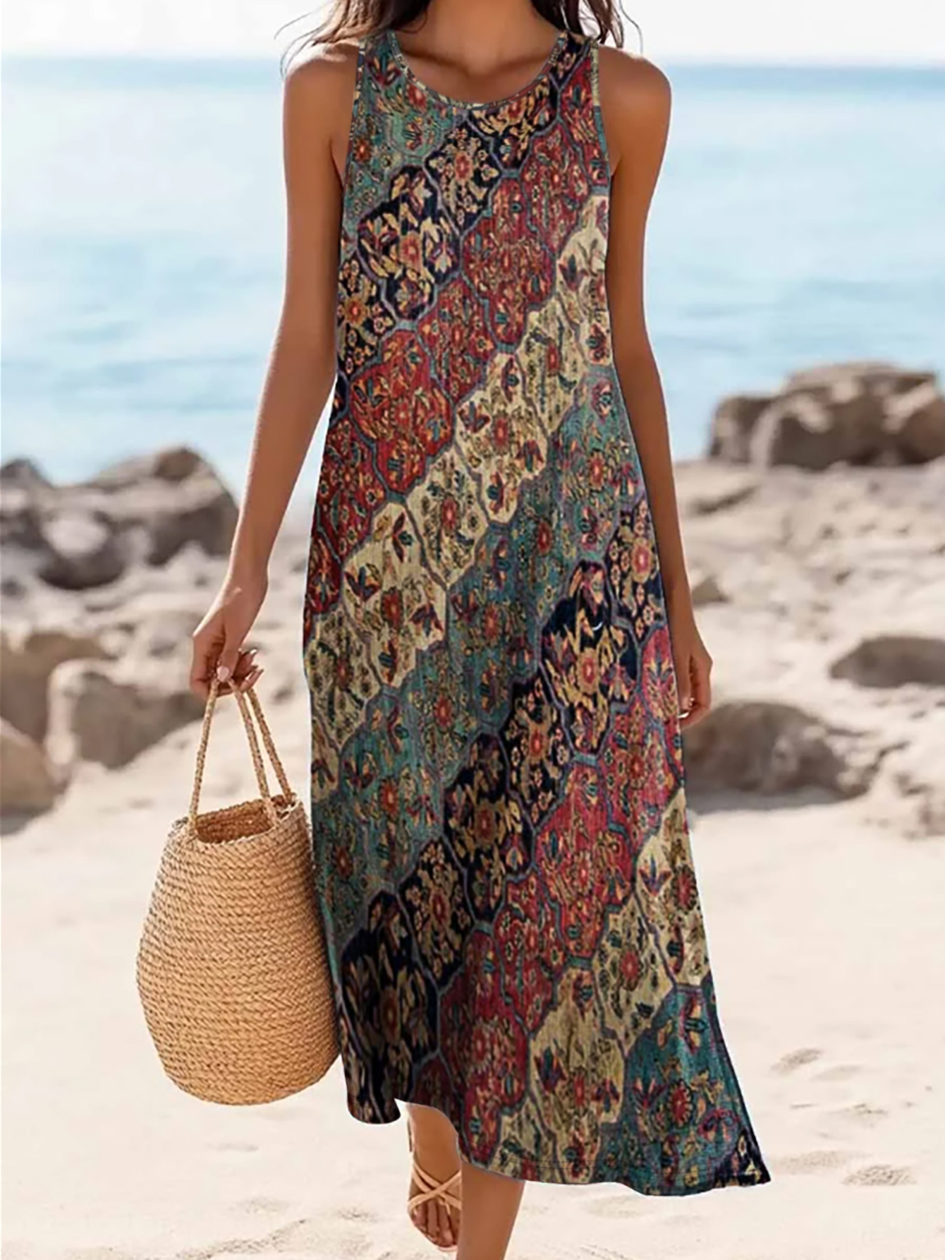 Women's Spring Summer New Retro Printed Versatile Ethnic - Style Midi Dress - Travel, Vacation & Daily Office Wear-CF51104