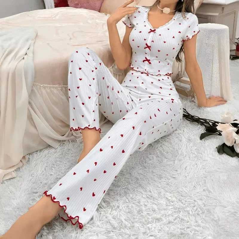 Spring Autumn Coquette Pajama Set Women Sexy Heart Print Ruffle Trim Crop Top Pants 2 Piece Y2K Aesthetic Loungewear SleepwearT251014