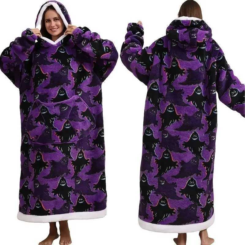 Super Long Wearable Blanket Hoodies Flannel Women Mens Oversized Hoodie Giant Blanket Halloween Winter Thicken Pullover Fleeces Y251013