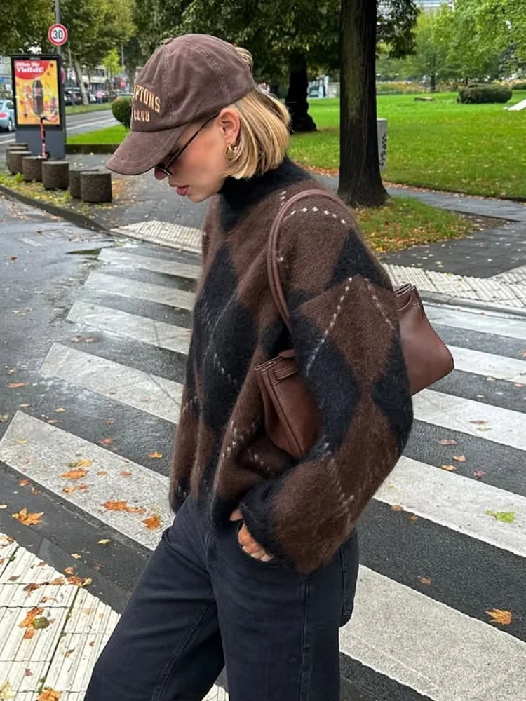 Fluffy Fuzzy Knit Mock Neck Sweater Drop Shoulder Long Sleeve Soft 2025 Autumn Classic Cozy Women Jumper Causal Vintage Lady Top 251010