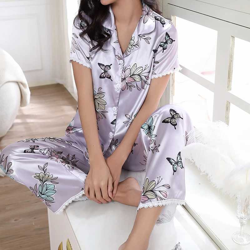 Womens Pajama Butterfly Cherry Print Satin Pijama Set Short Sleeve Buttons Top Elastic Waistband Pants Sleepwear LoungewearT251014