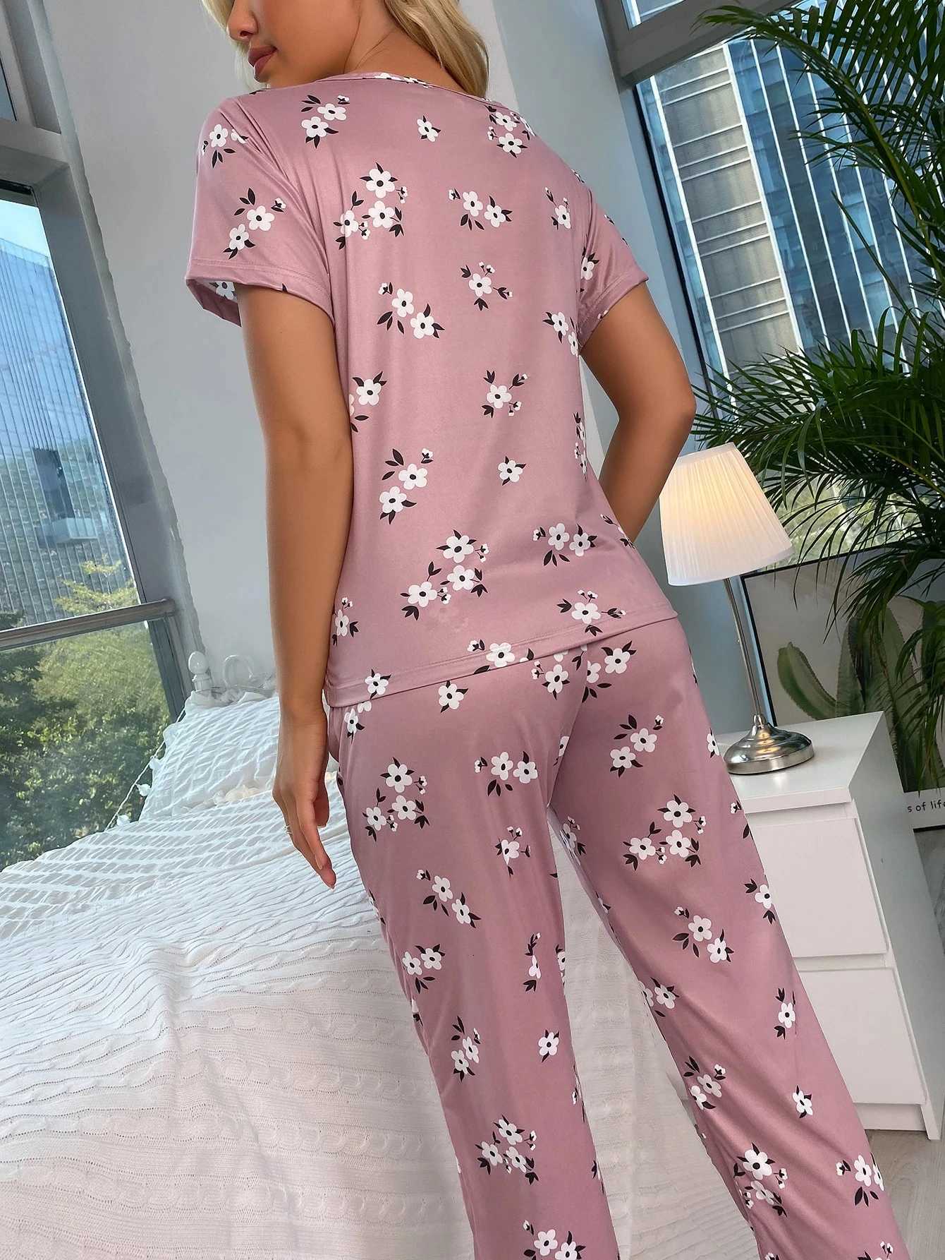 Womens Pajamas Set Milk Silk Printing Pajam Short Sleeve Round Neck Long Pants Lightweight Homewear Loungewear Floral NightwearT251014