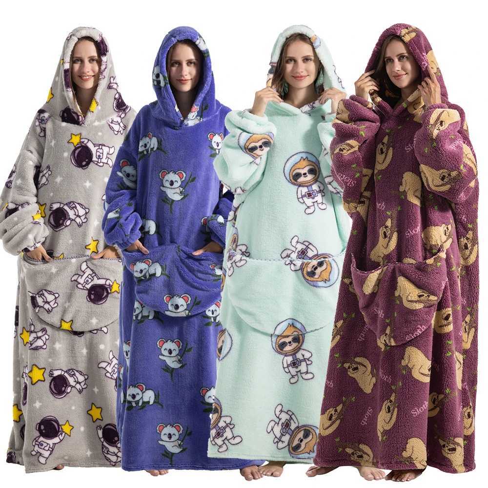 Oversized Blanket Hoodie for Adults Long Women Men Clothes Winter Thicken Fluffy Wearabled Hooded Blanket Warm Flannel Blankets Y251013