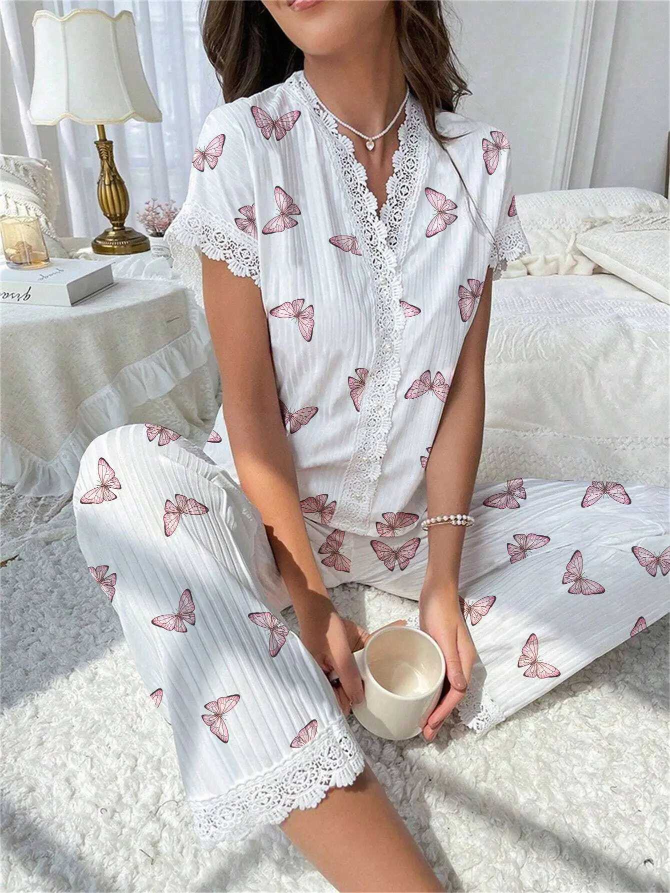 Lace Trim Women Pajama Set Short Sleeve Front Button Top FullLength Pants Cherry Print 2 Pieces Sleepwear Nightwear HomewearT251014