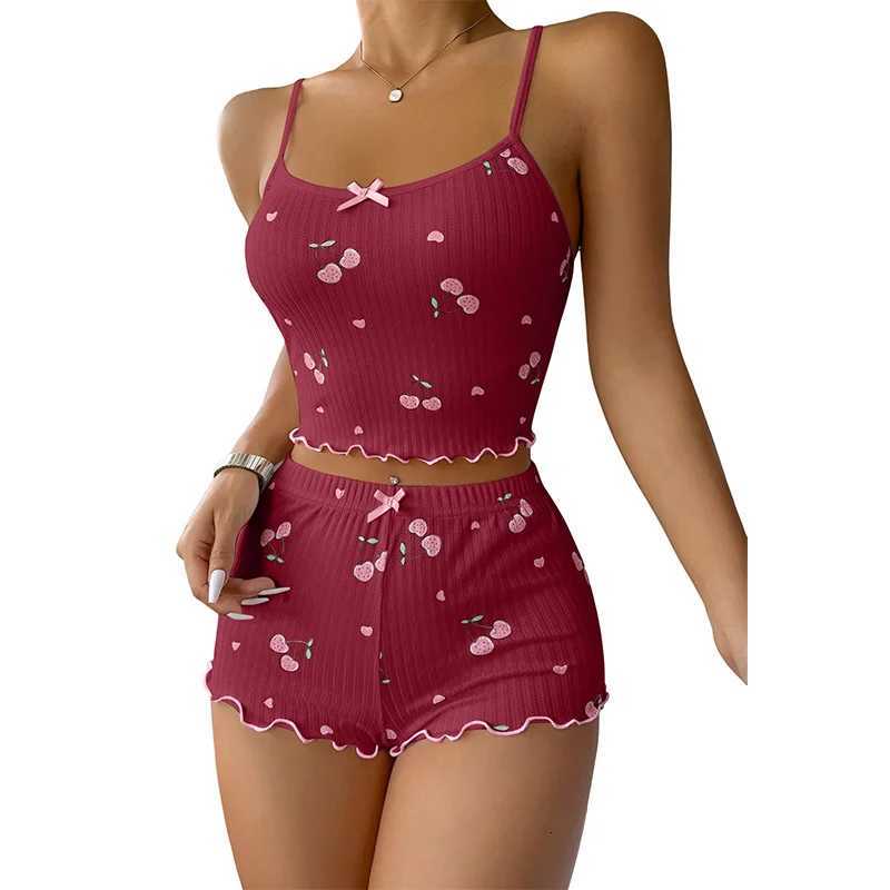 2Piece Pajama Set for Women Cherry Print Bow Front Cami Top and Short Pajama Set Cute Soft SleepwearT251014
