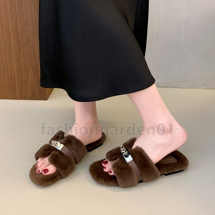 designer slides stylish flats slippers comfortable soft fluffy winter womens sandals chic buckle outdoor home shoes size 35-40