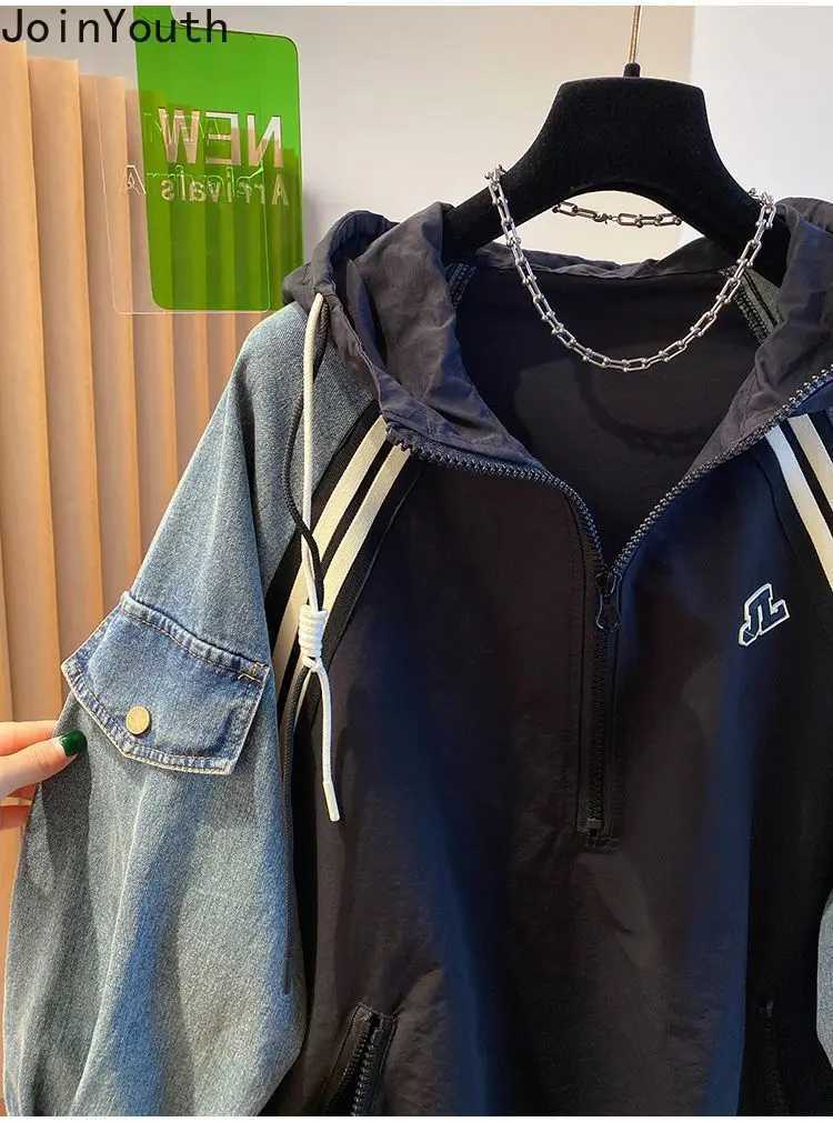 Oversized Sweatshirts for Women Patchwork Denim Streetwear Y2k Tops 2025 Ropa Mujer Hooded Contrast Color Vintage Hoodies 27u340 J251014