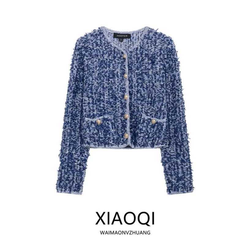 Spring 2025 Womens Faionable Knitted Long Sve round Ne Interwoven Outerwear Versatile Straight Cut Leng Regular W251014