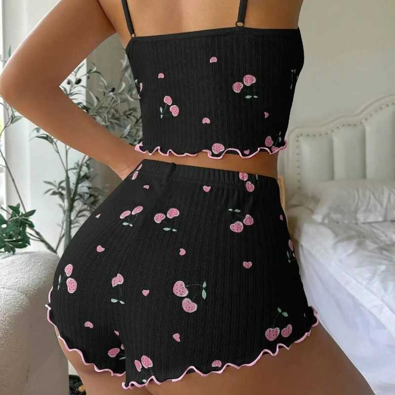 Womens Heart Print Sexy Ribbed Bow Decor Pajama Set Round Neck Backless Comfortable Crop Cami Top Shorts Summer NightwearT251014