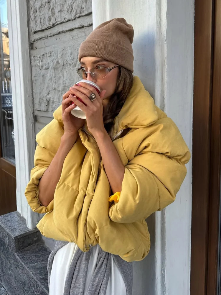 Womens Warm Winter Cotton Jacket Yellow Padded Coat Casual Loose Office Commute Lady Lapel Neck Full Sleeve Short Outwear 251011