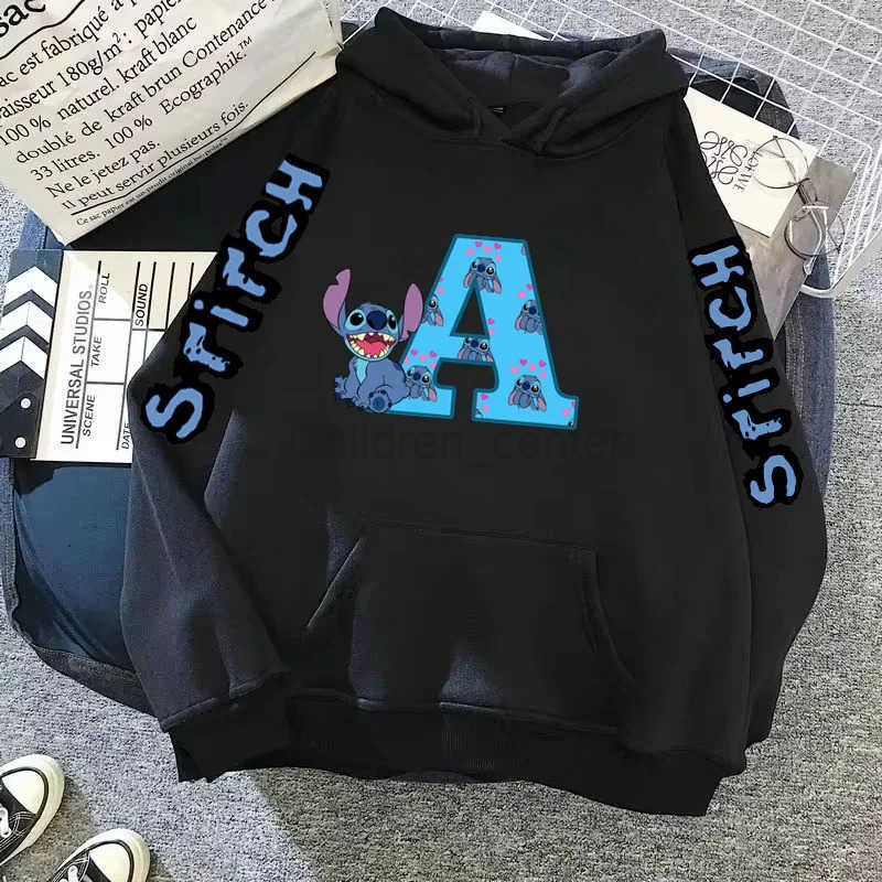 Disney 2025 Womens Winter Jacket Cute Kawaii Lilo Stitch Lucky Letter Print Black Hoodie Fashion Couple Streetwear Sportswear H251014