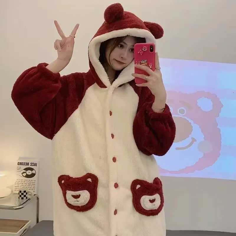 Cartoon Cute Coral Fleece Hooded Robe Womens Winter MidLength Loose Warm Velvet Bathrobe Nightgown Home Clothes Y251013