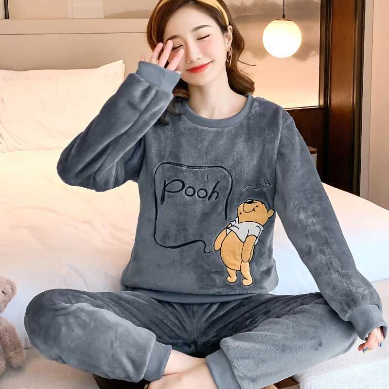 Thickened Warm Sleepwear for Winter Flannel Sleep Round Neck Student Loungewear TwoPiece Set Cartoon Bear Womens Pajamas SolidT251014