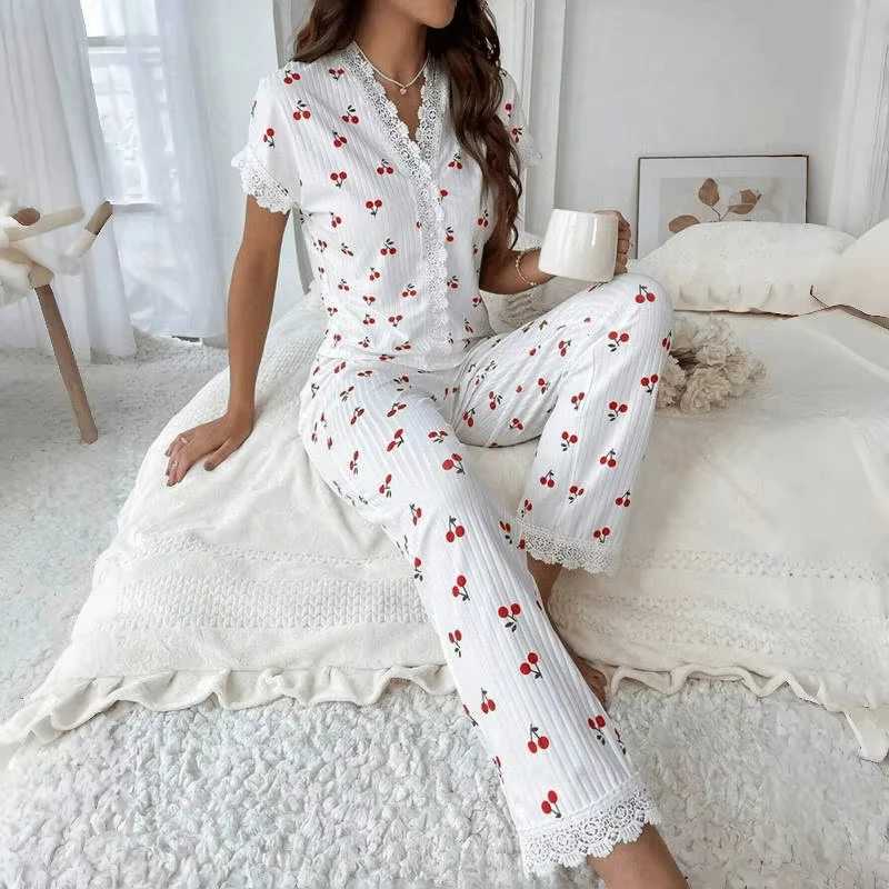 Lace Trim Women Pajama Set Short Sleeve Front Button Top FullLength Pants Cherry Print 2 Pieces Sleepwear Nightwear HomewearT251014