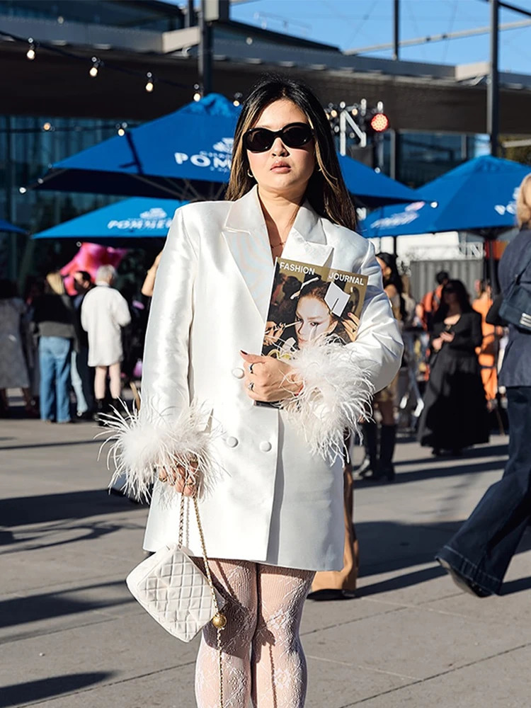 Women Feather Patchwork Pant Set Fashion Solid Satin Double Breasted Lapel Blazer Coat Suits Lady Street Commute Outfit 251008