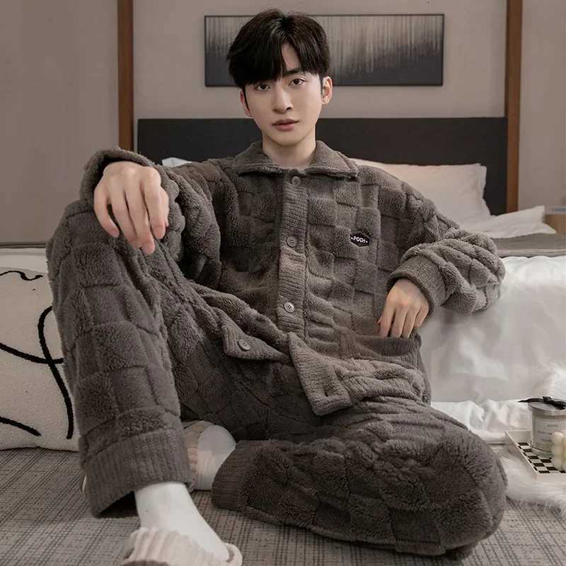 Thickened Warm Mens Pajamas Autumn and Winter Flannel LongSleeved Trousers Coral Velvet Homewear Youth Clothing 2PCSSet Y251013