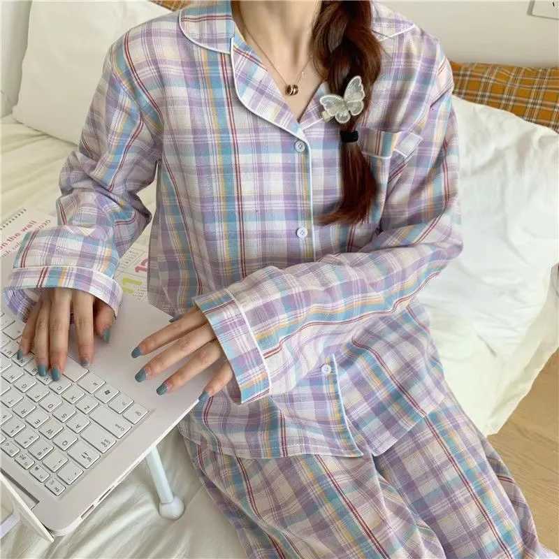 Pajamas Women Spring and Summer Long Sleeve Luscious Loungewear TwoPiece Set Ladies Cardigan Lapel Plaid Nightwear HomewearT251014