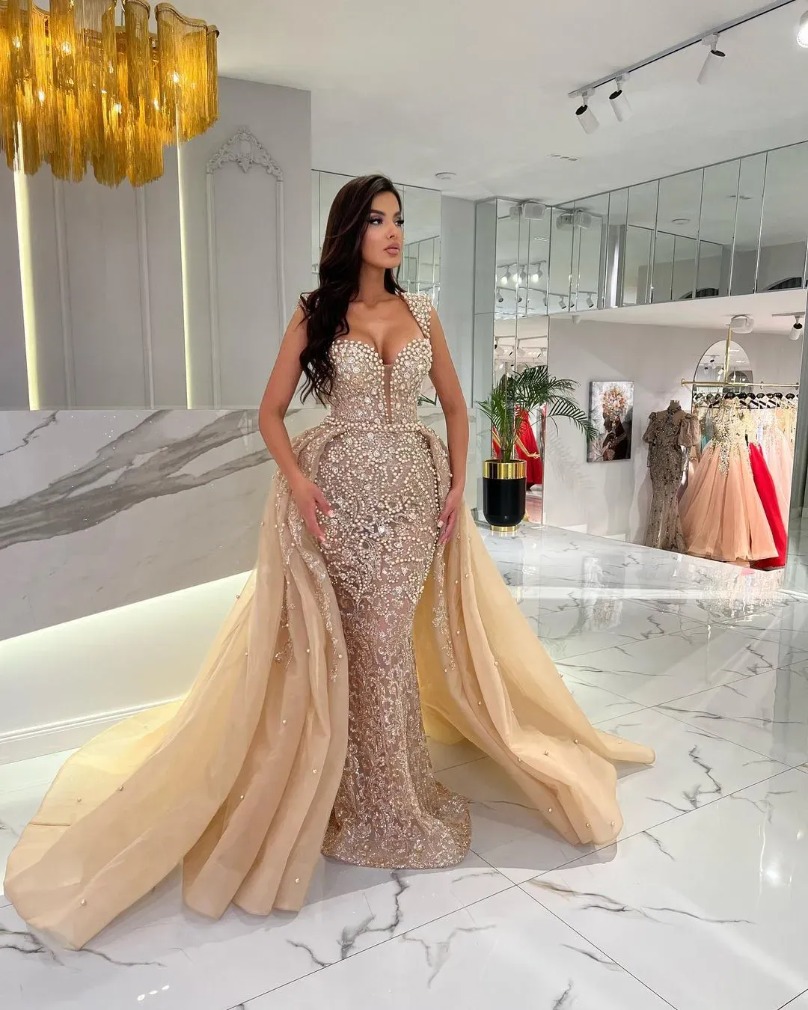 Champagne Lace Mermaid Prom Dresses 2025 Heavy Pearls Plus Size Formal Evening Ocn Gowns With Overskirt Train 10O14