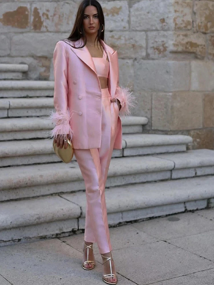 Women Feather Patchwork Pant Set Fashion Solid Satin Double Breasted Lapel Blazer Coat Suits Lady Street Commute Outfit 251008