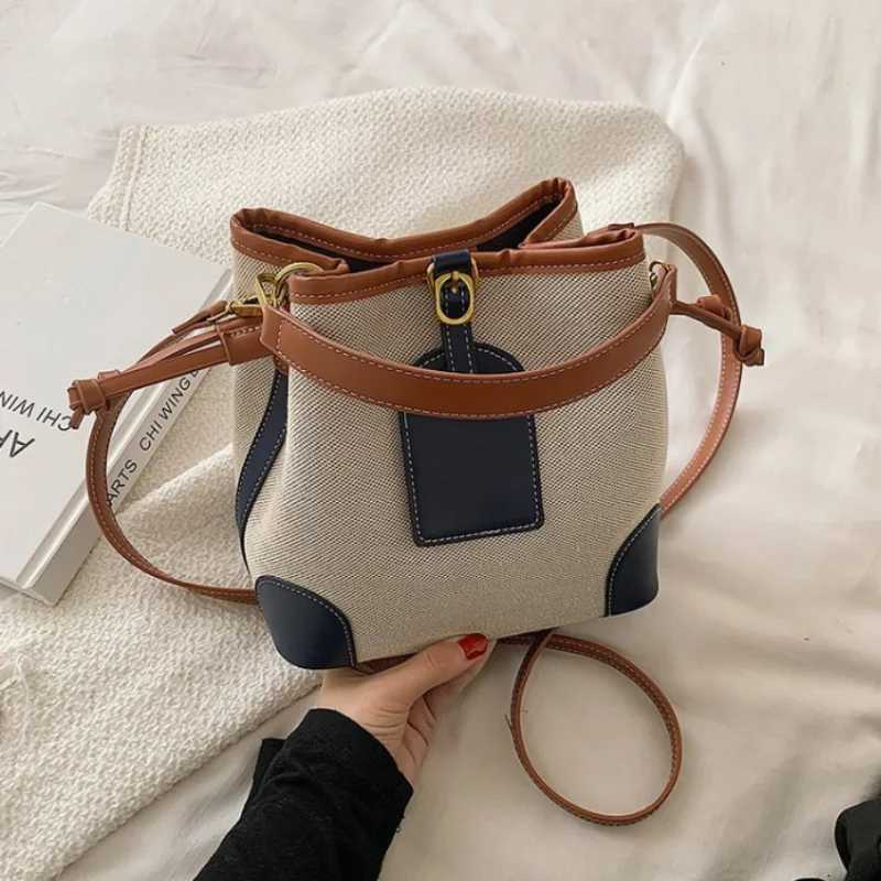 Wen Fi Canvas Bucket Handbag Color Block Casual Shoder Bag with Magnetic Snap Small Messenger Bag for Girls D251014