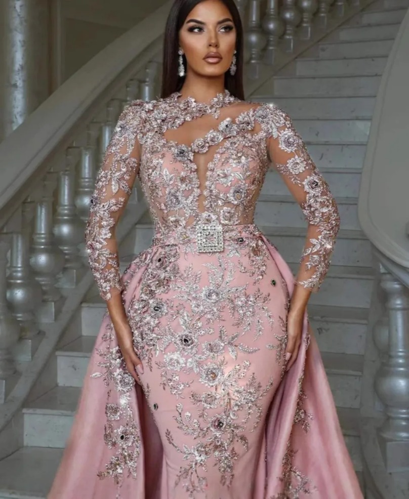 Silver Lace Beaded Mermaid Prom Dresses Appliques Formal Evening Party Gowns Full Sleeves Detchable Train Pink Special occasion Dress Vestidos de gala