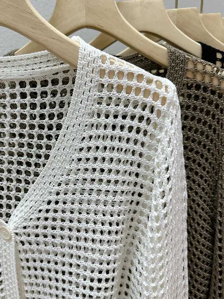 Hollow Mesh Ice Silk Suns Jaet for Womens Summer Long Sved Outerwear wi Small Shl Knitted Cardigan W251014