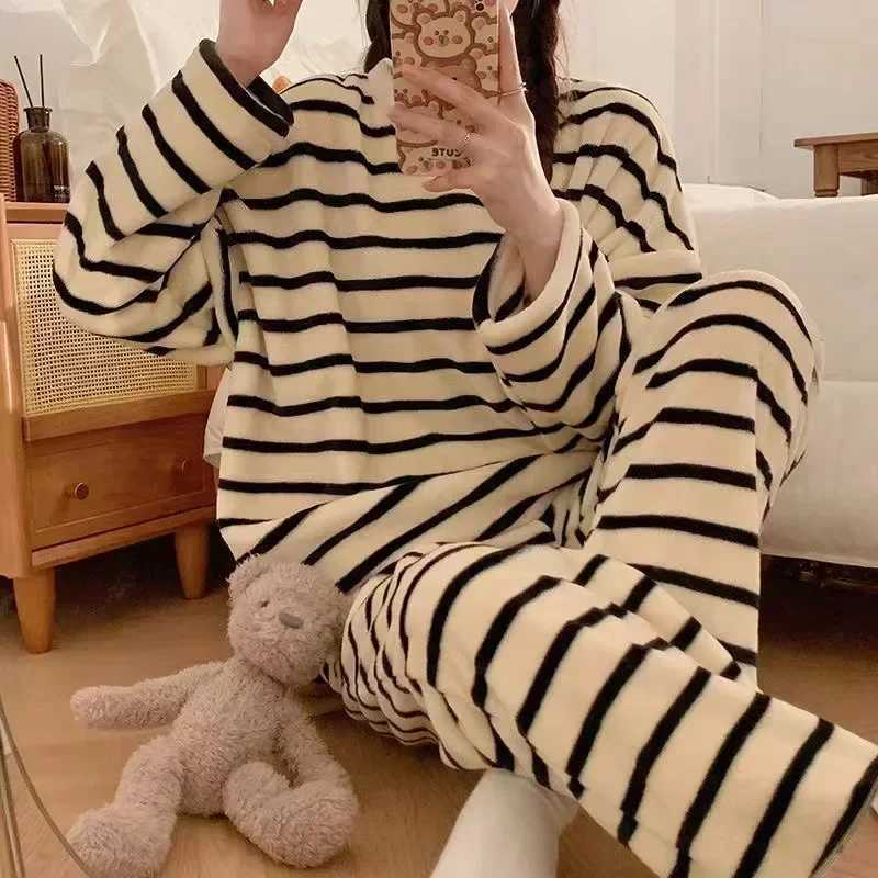 Thickened Warm Pyjamas Set for Womens Coral Velvet Sleepwear Student Long Sleeve Blue Striped Nightwear Homewear Cartoon Cute Y251013