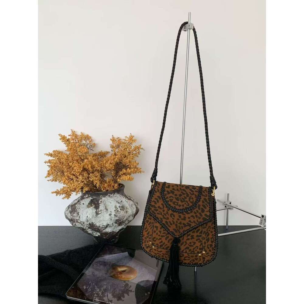 Luxury bag Frosted Cowhide Saddle Niche Design Woven Leopard Print Phone Suede Tassel Crossbody Genuine Leather Bag for Women